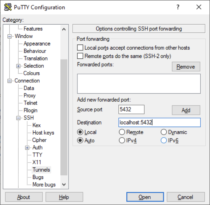 ssh tunnel using putty