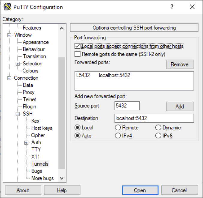 putty ssh settings