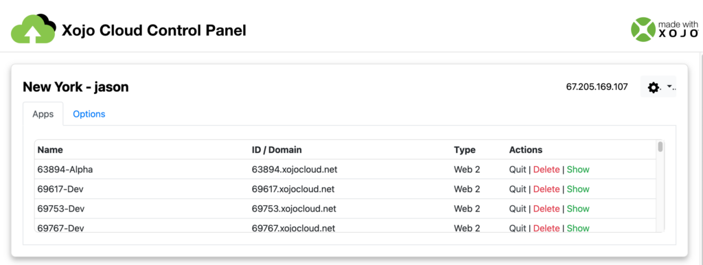 Xojo Cloud Control Panel Apps Tab