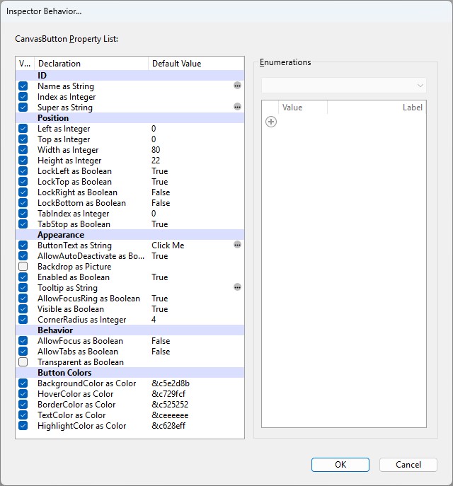 Inspector Behavior window